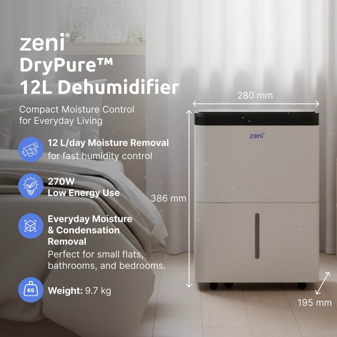 ZD/112 — Zeni DryPure™ 12L Compact Dehumidifier with UV-C Technology (Small Rooms)